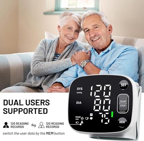 Oklar Rechargeable Wrist Digital Blood Pressure Monitors for Home Use, BP Machine Cuff with LED Backlit Display, Voice Broadcast, 240 Memory Storage for 2 Users, with Carrying Case